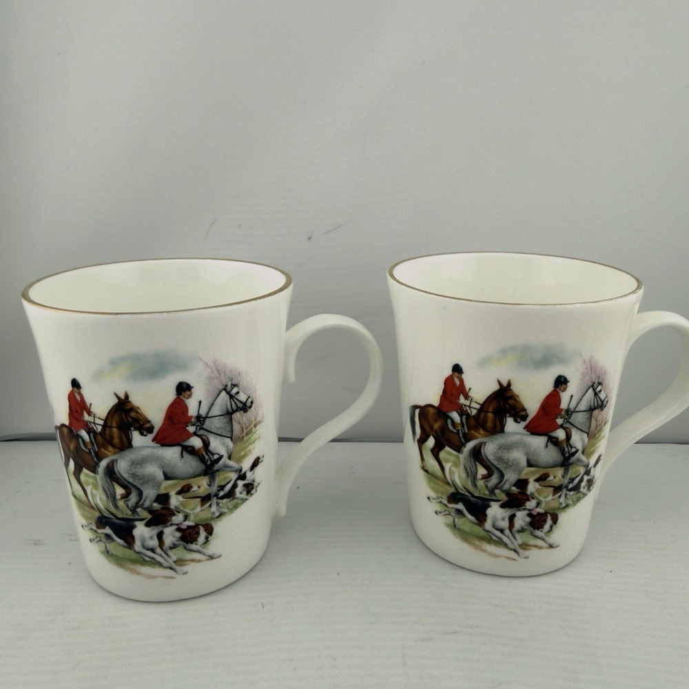 Vtg Crown Trent China Staffordshire England Fox Hunt Coffee Mug Gold Trim Horses
